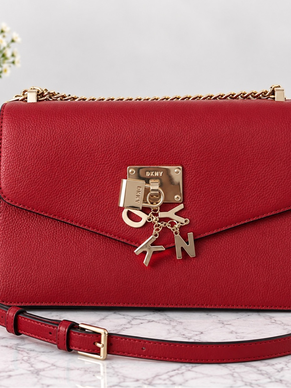 DKNY Red Leather Envelope Crossbody with Gold Charm Chain